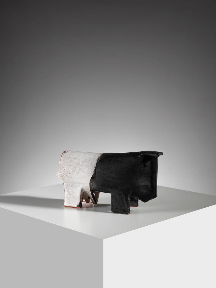 ALESSIO TASCA CowSculpture, Nove.: TASCA ALESSIO (1929 - 2020) CowSculpture, Nove. Black, white and brown glazed terracotta.. Cm 21,50 x 12,00 x 7,00. 1970s.Artist's monogram.