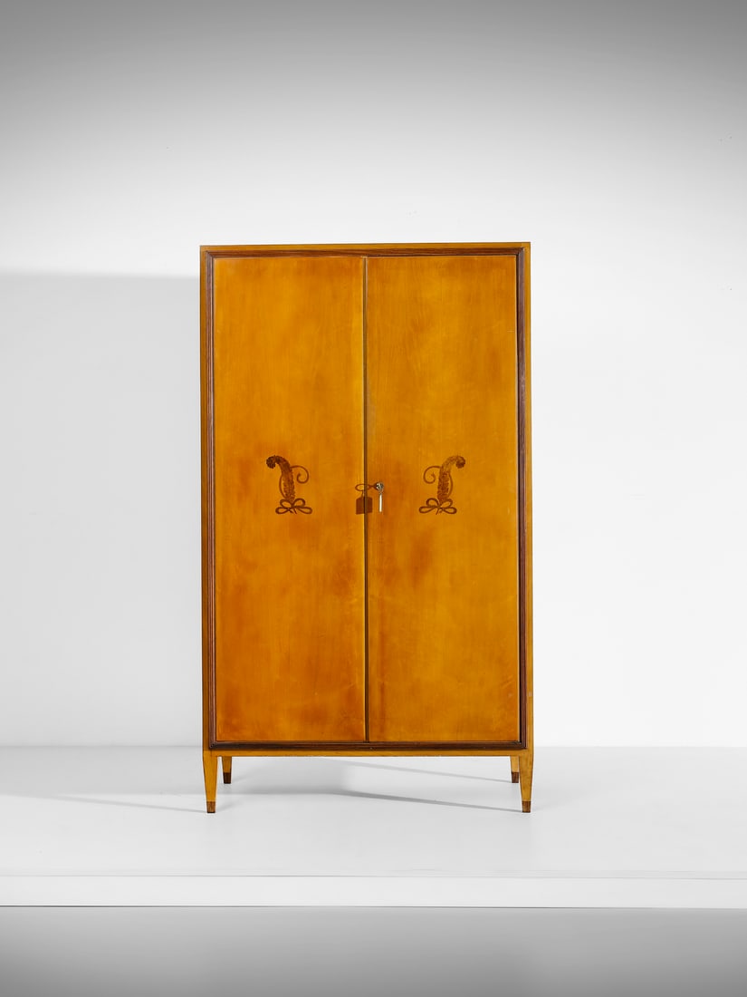 PAOLO BUFFA Two-door wardrobe decorated with acanthus leaf inlays, execution by Serafino Arrighi, (1 of 5)