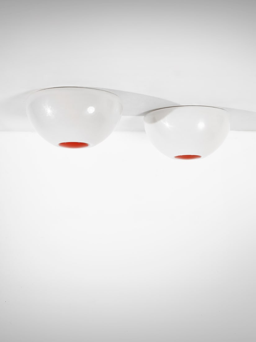 MARTINELLI LUCE Pair of large ceiling lamps.: MARTINELLI LUCE Pair of large ceiling lamps. Painted aluminum and methacrylate.. Cm 82,00 x 42,00 x 82,00. 1970s.