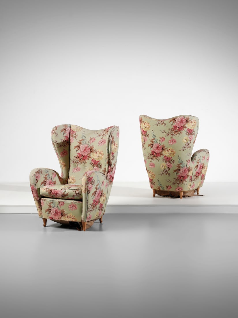 MANIFATTURA ITALIANA Pair of bergere armchairs.: ITALIAN WORK Pair of bergere armchairs. Wood and padded fabric.. Cm 80,00 x 106,00 x 75,00. 1950s.