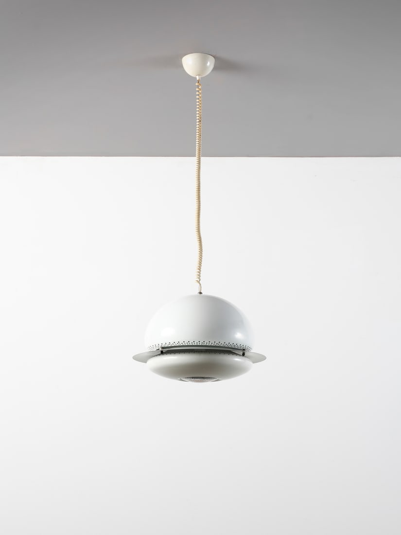 AFRA (1937-2011) & TOBIA (n. 1935) SCARPA Nictea pendant lamp for Flos, Milan.: SCARPA AFRA (1937-2011) & TOBIA (n. 1935) Nictea pendant lamp for Flos, Milan. 1961. Painted metal, nickel-plated metal, glass and plastic.. Cm 45,00 x 175,00 x 45,00. Literature: Domus n. 395, ottobr