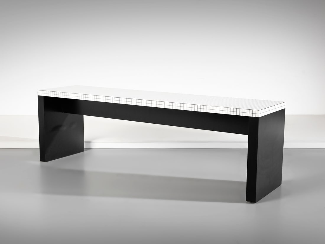 SUPERSTUDIO attributed. Consolle: SUPERSTUDIO attributed. Consolle. Wood, laminate and laminate Print silkscreen.. Cm 267,00 x 83,00 x 85,00. 1980s.