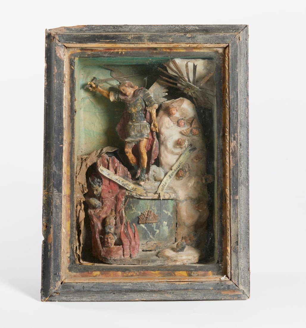 WOOD AND GLASS CASE WITH WAX SCULPTURES Italy, 18th century . (1 of 3)