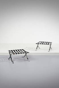 LUDWIG MIES VAN DER ROHE Pair of stools from the Barcelona series for Knoll International, USA.: MIES VAN DER ROHE LUDWIG (1886 - 1969) Pair of stools from the Barcelona series for Knoll International, USA. Chromed steel and leather.. Cm 55,00 x 30,00 x 58,00. 1970s.Provenance: Semeraro Collectio