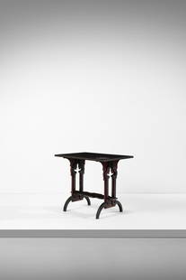 EUGENIO QUARTI Neo-Orientalist table.: QUARTI EUGENIO (1867 - 1929) Neo-Orientalist table. 1899. Wood, ebonized wood, mother-of-pearl and metal.. Cm 86,50 x 75,50 x 60,00. From the collection of Avv. Cav. Giovanni Mazzoni Breganze (1882-19