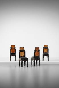 EUGENIO QUARTI Neo-Orientalist four chairs.: QUARTI EUGENIO (1867 - 1929) Neo-Orientalist four chairs. 1899. Wood, ebonized wood, mother of pearl, metal, parchment, embroidered fabric.. Cm 35,00 x 92,00 x 34,00. From the collection of Avv. Cav.