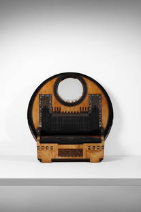 EUGENIO QUARTI Neo-Orientalist sofa with large circular headboard with mirror.: QUARTI EUGENIO (1867 - 1929) Neo-Orientalist sofa with large circular headboard with mirror. 1899. Wood, ebonized wood, mother-of-pearl, metal, parchment, embroidered fabric and mirror.. Cm 178,00 x 1