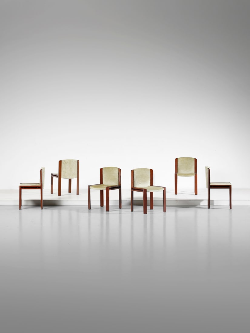 JOE COLOMBO Six 300 chairs for Pozzi, Italy.: COLOMBO JOE (1930 - 1971) Six 300 chairs for Pozzi, Italy. 1966. Wood and padding velvet.. Cm 49,00 x 78,00 x 51,00. Literature: I. Favata, Joe Colombo designer. Catalogo ragionato 1962-2020, Silvana