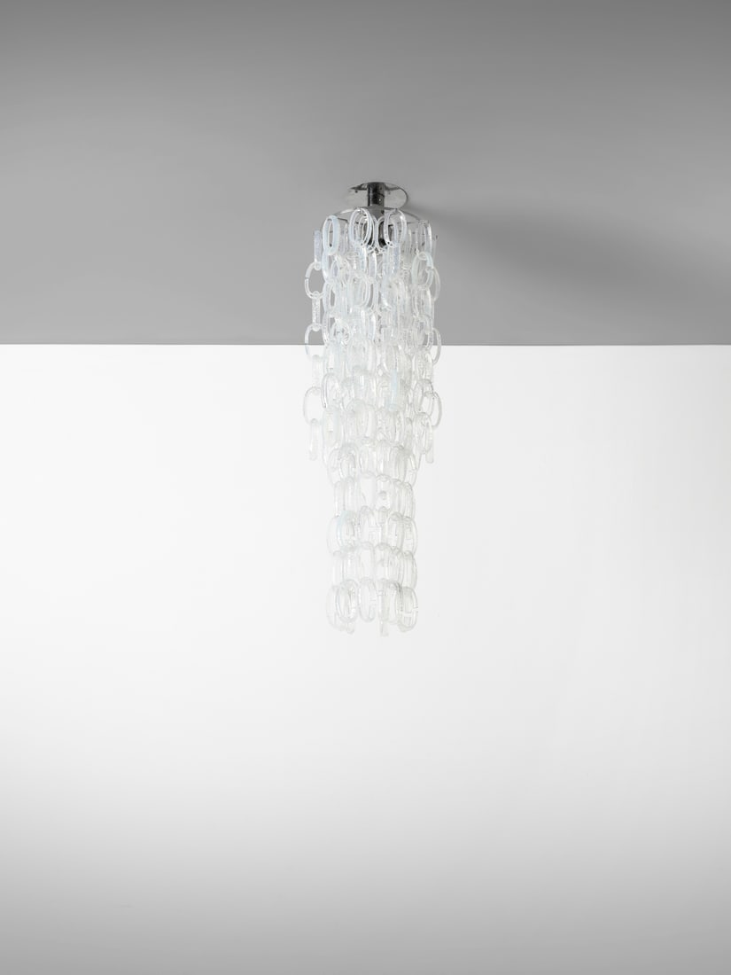 MANIFATTURA ITALIANA Pendant lamp.: MANIFATTURA ITALIANA Pendant lamp. Lattescente clear glass and chromed metal.. Cm 35,00 x 125,00 x 35,00. 1970s.