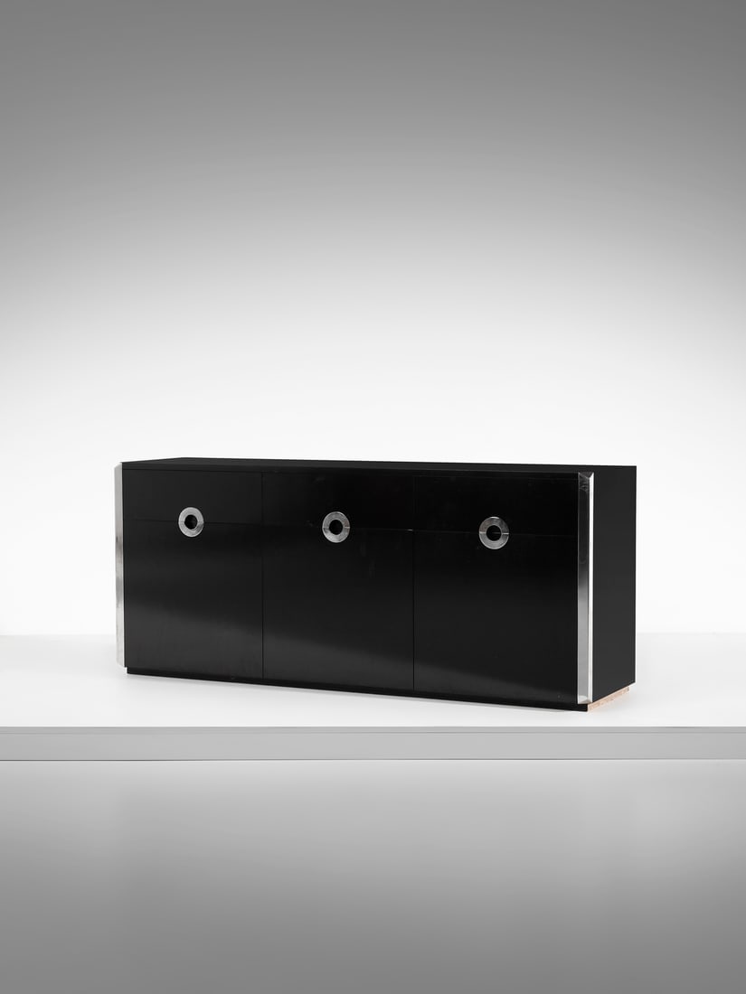 MARIO SABOT Sideboard with two doors, drop-down compartment and three drawers, Udine.: MARIO SABOT Sideboard with two doors, drop-down compartment and three drawers, Udine. 1973. Lacquered wood and polished steel.. Cm 177,00 x 76,50 x 47,50.