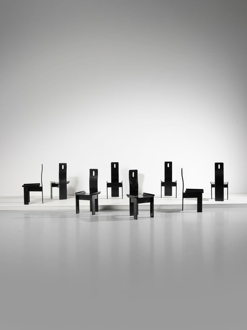 EDOARDO LANDI Eight Diago chairs for Nikol.: LANDI EDOARDO (n. 1937) Eight Diago chairs for Nikol. Lacquered wood.. Cm 45,50 x 100,00 x 49,00. 1970s.