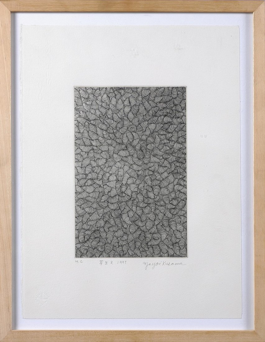 KUSAMA YAYOI (n. 1929) - Senza titolo.: KUSAMA YAYOI (n. 1929) Senza titolo. 1995. Acquaforte. Cm 28,50 x 38,00. H.C. Tiratura firma e anno in basso a matita. Timbro a secco in basso a sinistra - Printed by Kimura. Misure lastra: cm 22,5x14