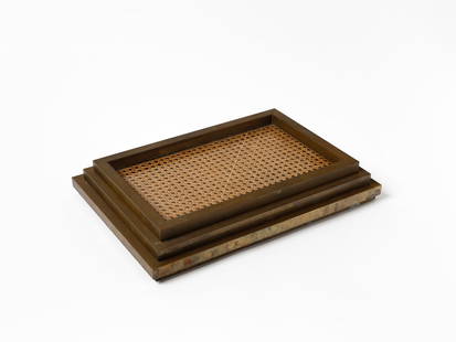 MANIFATTURA ITALIANA Three trays.: ITALIAN WORK Three trays. Brass, Vienna straw and glass.. Cm 46,00 x 30,00. 1960s.
