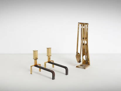 MANIFATTURA ITALIANA Fireplace set consisting of a pair of andirons and tools.: ITALIAN WORK Fireplace set consisting of a pair of andirons and tools. Metal and brass.. . XXth century.