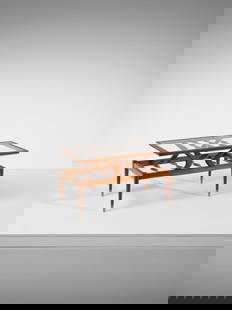 MANIFATTURA ITALIANA Two-tier coffee table.: MANIFATTURA ITALIANA Two-tier coffee table. Wood, brass and glass.. Cm 44,50 x 51,00 x 89,50. 1950s.