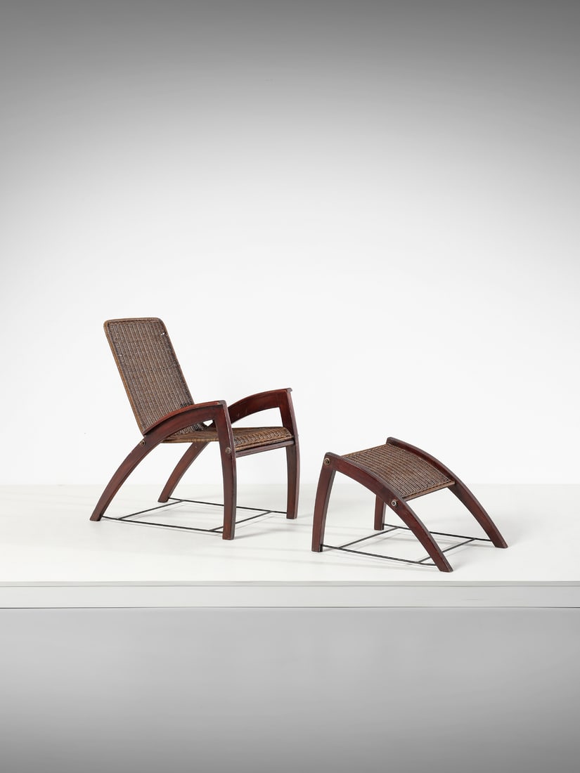 MANIFATTURA ITALIANA Armchair with footrest.: MANIFATTURA ITALIANA Armchair with footrest. Wood, woven wicker and painted iron.. . 1950s.Dimensions: armchair 91,5 x 57,5 x 80 cm; footrest 42 x 55 x 64,5 cm