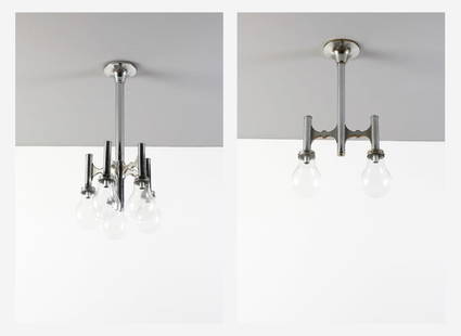 GAETANO SCIOLARI Two pendant lamps.: SCIOLARI GAETANO (1927 - 1994) Two pendant lamps. Metal and glass.. Cm 30,00 x 80,00 x 30,00. 1970s.