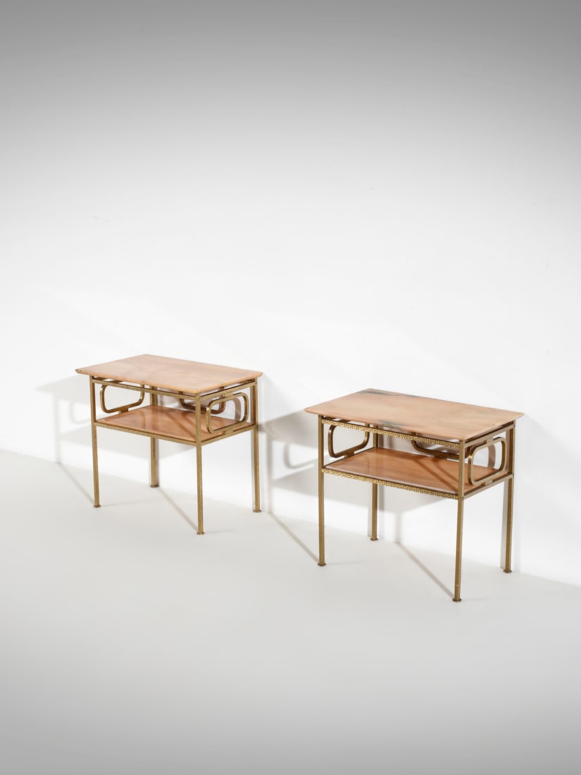 MANIFATTURA ITALIANA Pair of side tables.: ITALIAN WORK Pair of side tables. Casting of brass and marble.. Cm 56,00 x 50,00 x 35,00. 1970s.