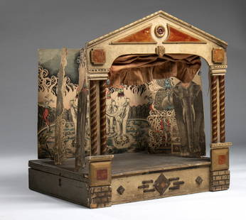 Theater maquette. Italy, 19th century.: Theater maquette. Italy, 19th century. . Cm 43,00 x 51,00 x 10,00. Gorgeous maquette of a fully functioning theater complete with three intact sets depicting Orientalist scenes, English gardens, and d