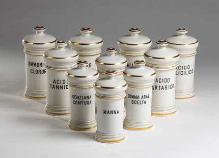 RICHARD-GINORI Ten Ginori apothecary vases.Italy, 19th century.: RICHARD-GINORI Ten Ginori apothecary vases.Italy, 19th century. . Cm 30,00 x 25,00. Rare lot of ten original Richard Ginori vases, without chipping and in perfect condition. Each vase bears scientific