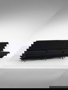 MARCO ZANUSO Sleep-o-matic three seater sofa-bed for Arflex, Milan.: ZANUSO MARCO (1916 - 2001) Sleep-o-matic three seater sofa-bed for Arflex, Milan. Painted metal, brass and padded fabric.. Cm 190,00 x 71,00 x 85,00. Literature: G. Gramigna, Repertorio del design ita