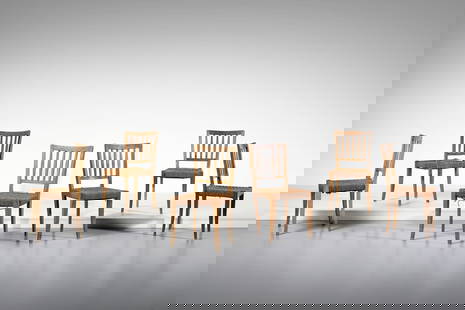 GUGLIELMO PECORINI Six chairs.: PECORINI GUGLIELMO Six chairs. Wood and rope.. Cm 45,00 x 89,00 x 42,00. 1950s.Literature: I. de Guttry, M. P. Maino, Il mobile déco italiano, Laterza, Roma-Bari, 2006, p. 197