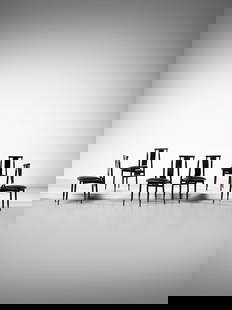 ACHILLE (1918-2002) & PIER GIACOMO (1913-1968) CASTIGLIONI Six Lierna chairs for Gavina, San Lazzaro: CASTIGLIONI ACHILLE (1918-2002) & PIER GIACOMO (1913-1968) Six Lierna chairs for Gavina, San Lazzaro di Savena. 1958. Painted wood and padded leatherette.. Cm 40,00 x 86,00 x 47,50. Literature: G. Gra