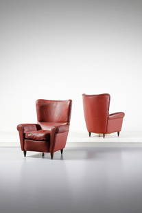 MANIFATTURA ITALIANA Pair of armchairs.: ITALIAN WORK Pair of armchairs. Wood and padding skai.. Cm 87,00 x 102,00 x 85,00. 1950s.