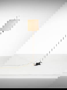 STILNOVO 4097 floor lamp, Milan.: STILNOVO 4097 floor lamp, Milan. Cast iron, nickel-plated brass and fabric.. Cm 32,00 x 155,00 x 20,00. 1960s.Production label.Literature: Stilnovo. Apparecchi per l'illuminazione, Catalogo n. 10, Mil