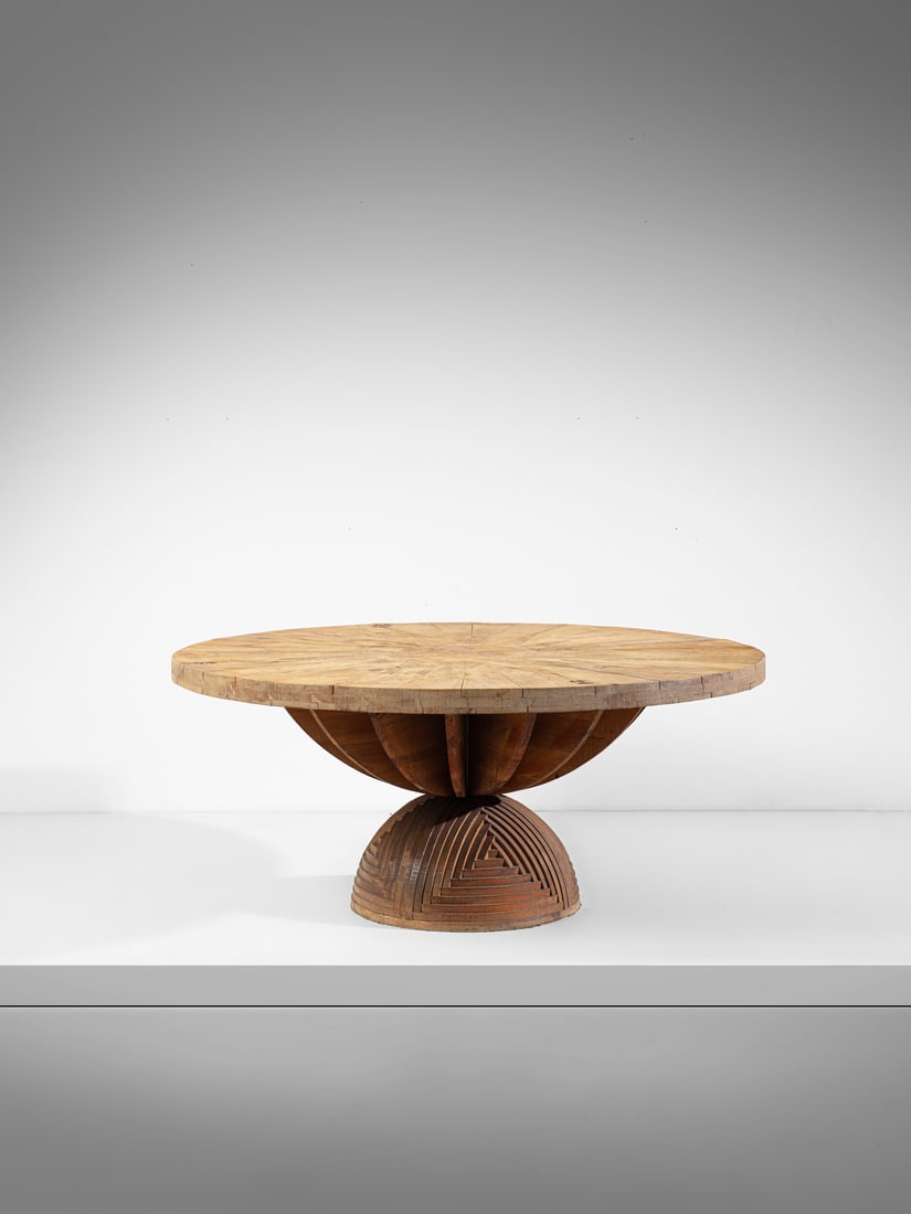 MARIO CEROLI Rosa dei ventiTable for Poltronova, Florence.: CEROLI MARIO (n. 1938) Rosa dei ventiTable for Poltronova, Florence. 1974. Coniferous wood and brass.. Cm 165,00 x 72,50 x 165,00. Brand imprinted with fire.Provenance: Private collection, ItalyLitera