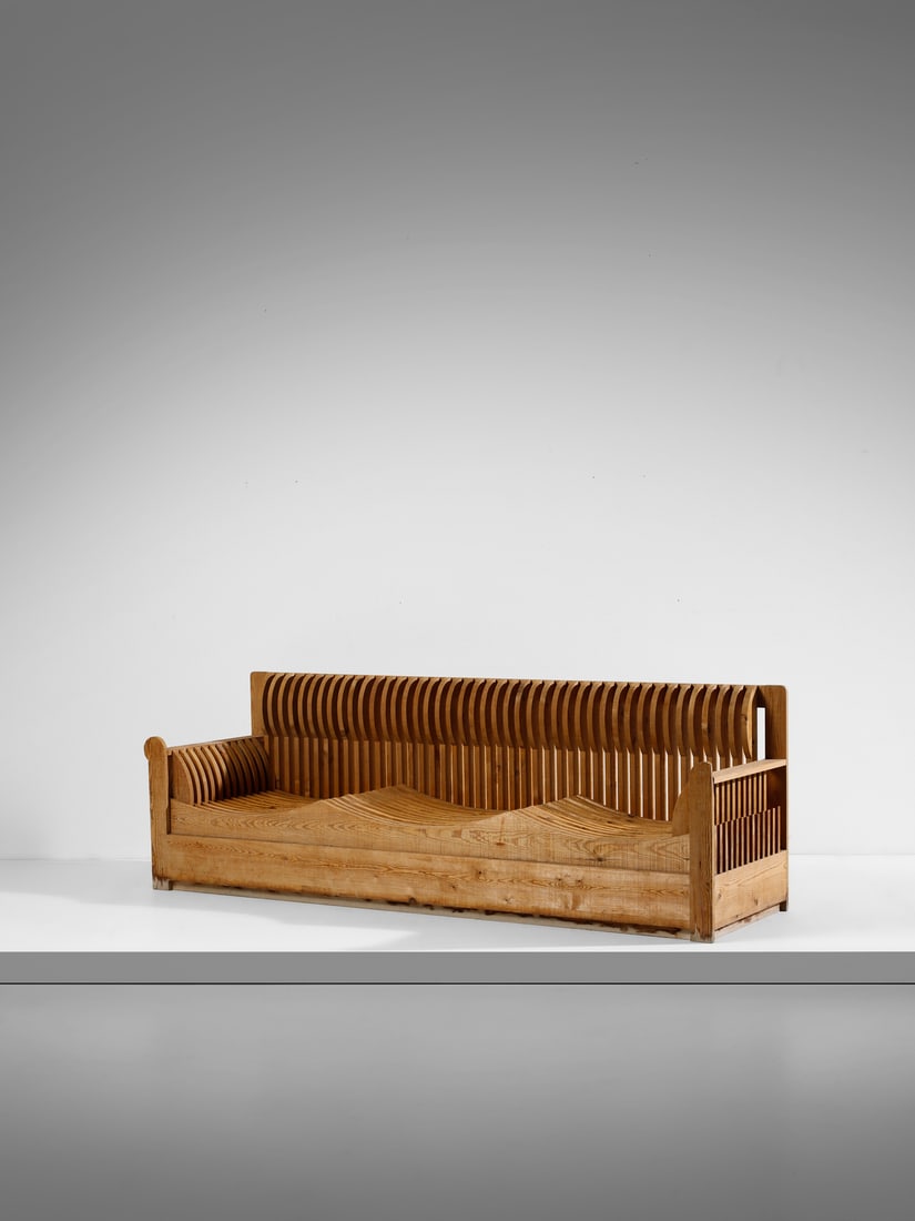 MARIO CEROLI Three-seater sofa from the Mobili nella Valle series for Poltronova, Florence.: CEROLI MARIO (n. 1938) Three-seater sofa from the Mobili nella Valle series for Poltronova, Florence. 1972. Raw conifer wood.. Cm 235,00 x 80,00 x 69,00. Brand imprinted with fire.Provenance: Private