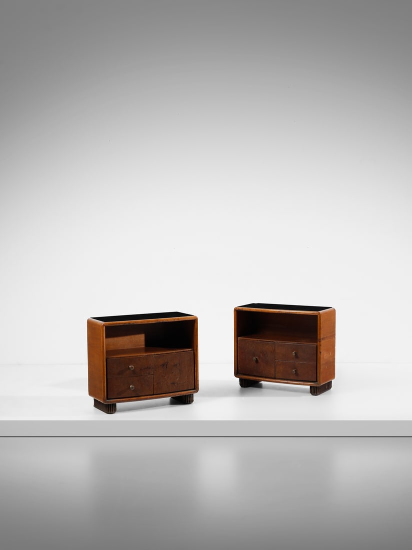 OSVALDO BORSANI Pair of bedside tables with slightly curved front with a cabinet, two drawers and (1 of 8)