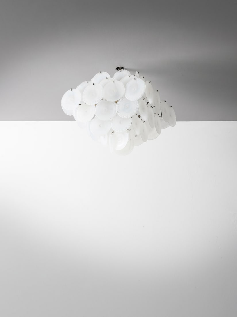 CARLO NASON LS132 pendant lamp for AV Mazzega, Murano.: NASON CARLO (n. 1935) LS132 pendant lamp for AV Mazzega, Murano. Nickel-plated metal and glasses with iridescent surface.. Cm 60,00 x 65,00 x 60,00. 1960s.Literature:R. Chiesa, A. Zannoni (a cura di),