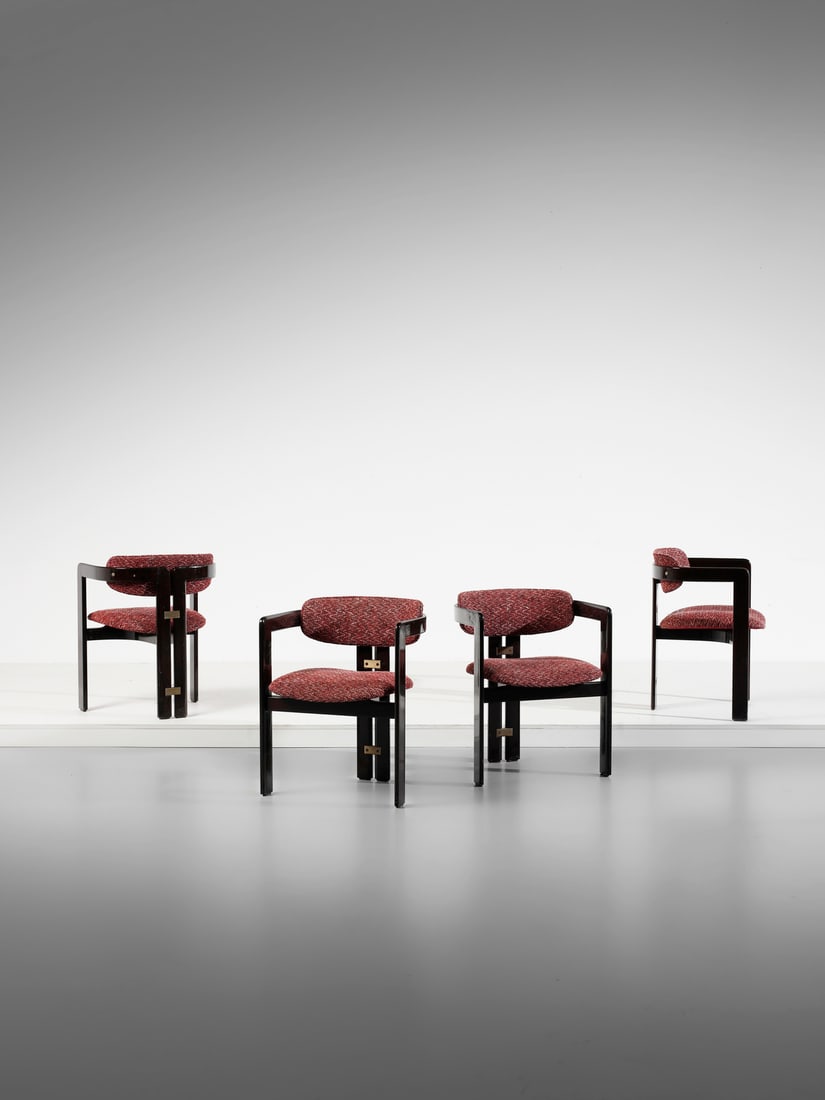 AUGUSTO SAVINI Four Pamplona armchairs for Giuseppe Pozzi, Italy .: SAVINI AUGUSTO Four Pamplona armchairs for Giuseppe Pozzi, Italy . 1970. Wood, nickel-plated metal and padded fabric.. Cm 57,00 x 74,00 x 51,00. Literature: Domus n. 483, febbraio 1970, s.p.