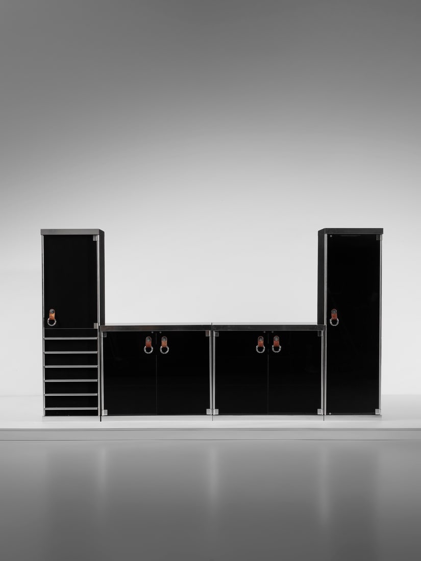 GUIDO FALESCHINI Modular system of four cabinets from the Tucroma series for Mariani, Italy.: FALESCHINI GUIDO Modular system of four cabinets from the Tucroma series for Mariani, Italy. Chromed metal, steel, leather, sintetic fabric, marble, wood, crystal and smoked glass.. . 1970s.Dimensions