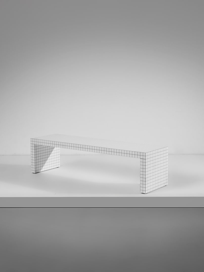 SUPERSTUDIO Qauderna bench for Zanotta, Nova Milanese.: SUPERSTUDIO Qauderna bench for Zanotta, Nova Milanese. Wood Print laminated.. Cm 150,00 x 40,00 x 42,00. 1969-1972.Production label.