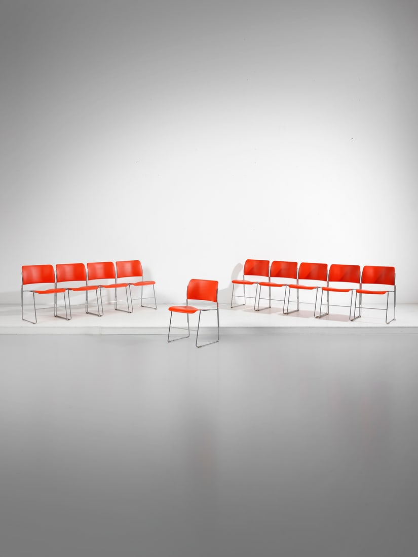 DAVID ROWLAND Ten 40/4 stackable chairs for GF Business Furniture.: ROWLAND DAVID (1924 - 2010) Ten 40/4 stackable chairs for GF Business Furniture. 1963. Chromed steel and painted metal.. Cm 51,00 x 76,00 x 55,00. Production paper label.