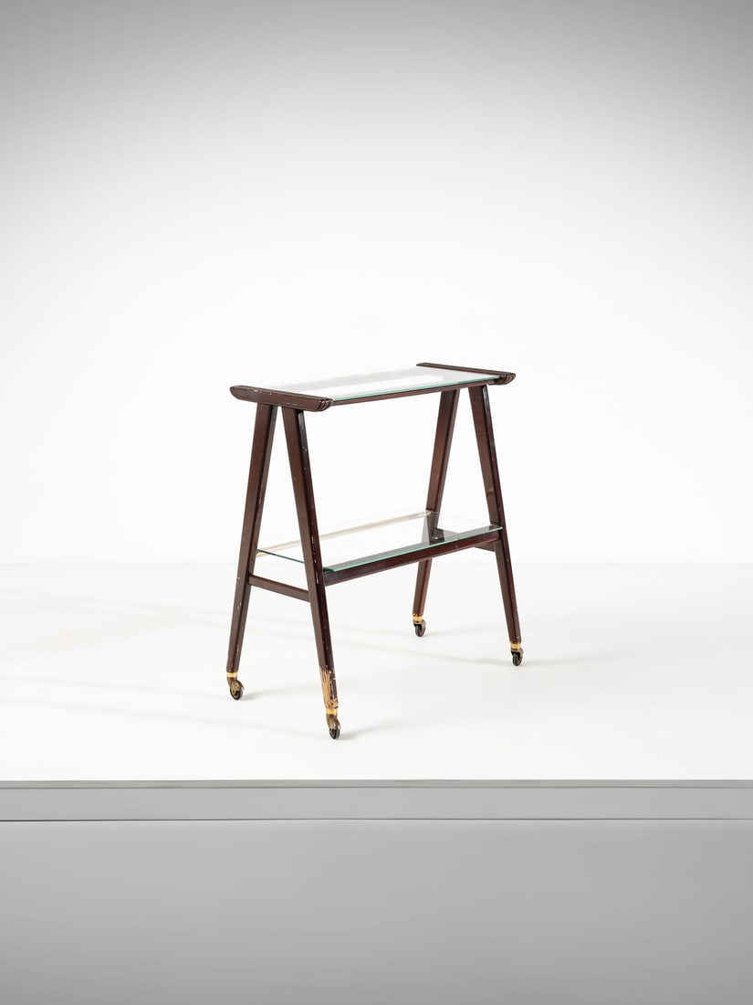 MANIFATTURA ITALIANA Trolley.: ITALIAN WORK Trolley. Glass and wood.. Cm 77,00 x 87,50 x 43,00. 1960s.