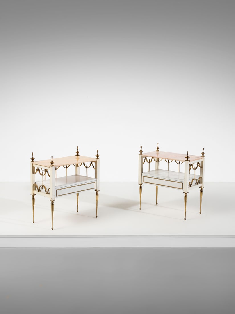 MANIFATTURA FRANCESE Pair of bedside tables.: FRANCE MANUFACTURE Pair of bedside tables. Lacquered wood, enamelled metal, brass and marble.. Cm 54,50 x 62,50 x 31,00. 1960s.