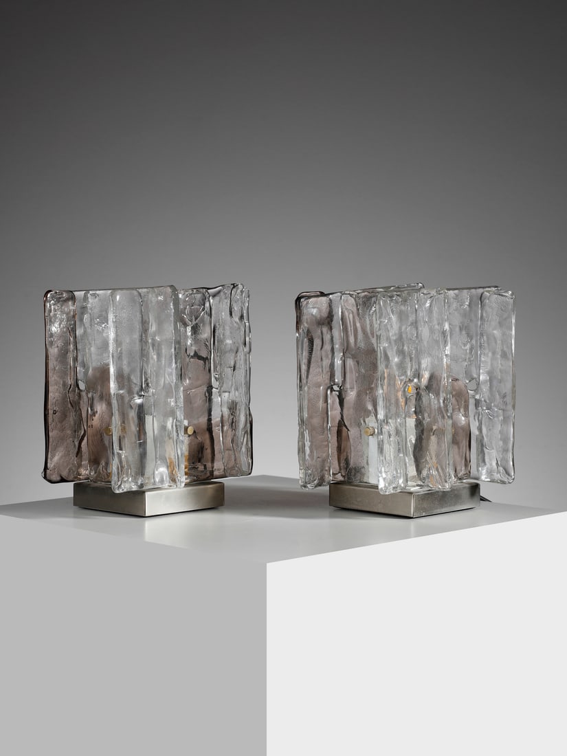 CARLO NASON Pair of LT 371 table lamps for A.V. Mazzega, Murano.: NASON CARLO (n. 1935) Pair of LT 371 table lamps for A.V. Mazzega, Murano. Crystal cast glass, nickel-plated metal and painted metal.. Cm 18,00 x 20,50 x 18,00. 1970s.Literature:Chiesa R., Zannoni A.,