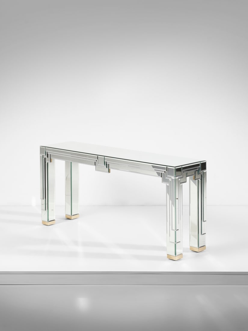 MANIFATTURA ITALIANA Console.: MANIFATTURA ITALIANA Console. Mirrored and ground glass, brass, wood and laminate.. Cm 160,00 x 75,00 x 40,00. 1970s.