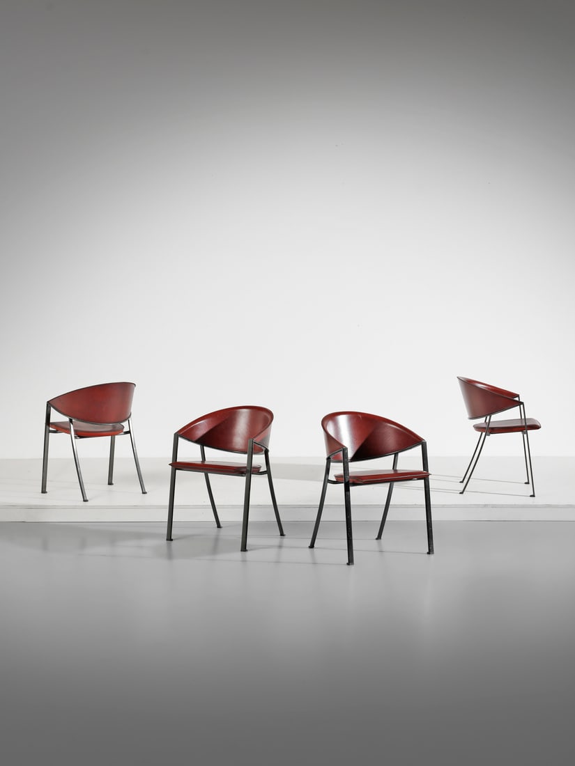 ROBERTO PAMIO Four Blenda chairs for Matteo Grassi, Italy.: PAMIO ROBERTO (1937 - 2021) Four Blenda chairs for Matteo Grassi, Italy. Lacquered metal and leather.. Cm 53,50 x 73,00 x 53,50. 1980s.Literature: Domus n. 711, dicembre 1989, s.p.
