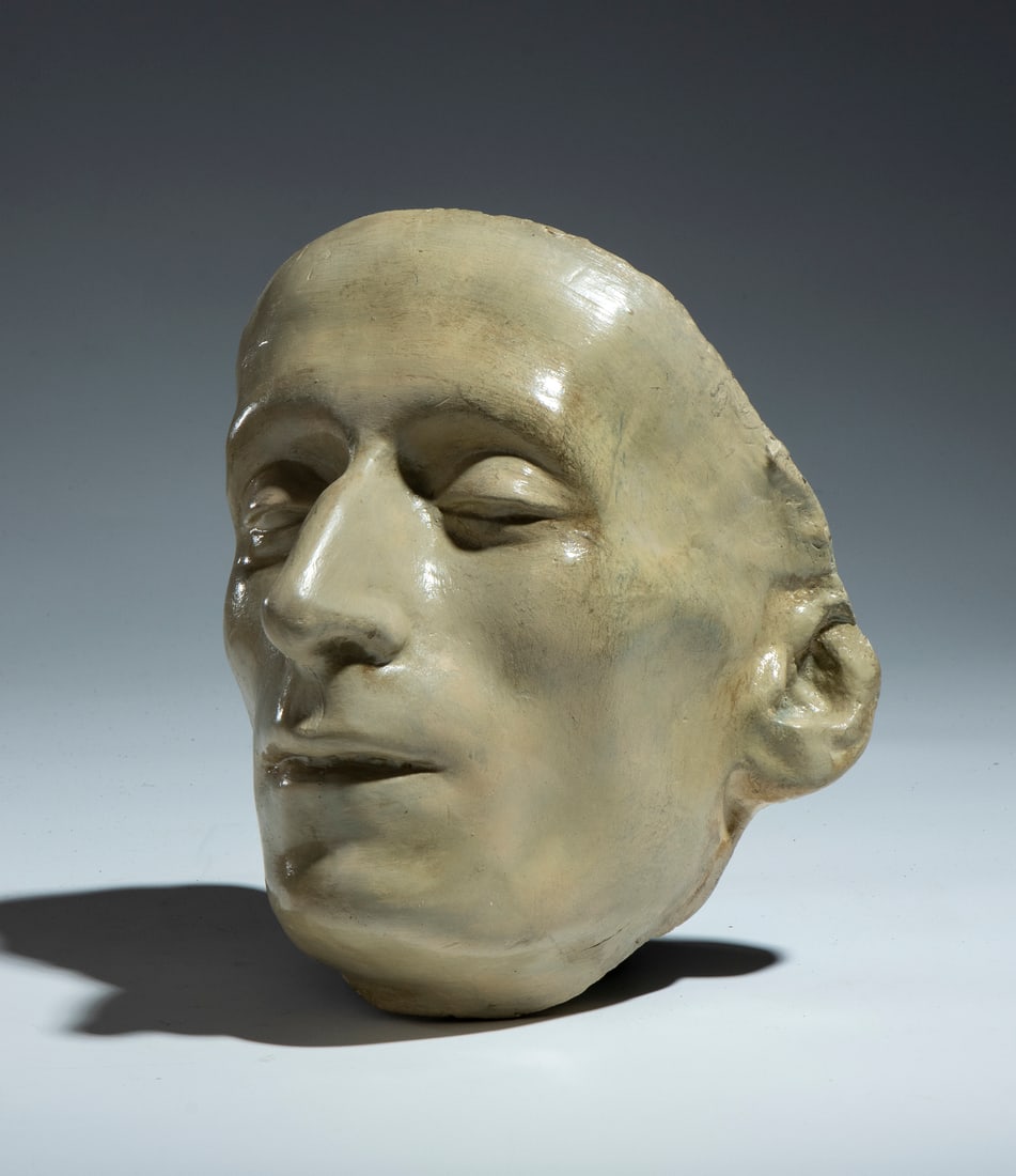 FUNERAL MASK IN ENAMELED PLASTER OF GIACOMO LEOPARDI.Italy, 19th century.: FUNERAL MASK IN ENAMELED PLASTER OF GIACOMO LEOPARDI.Italy, 19th century. . Cm 20,00 x 22,00 x 18,00.