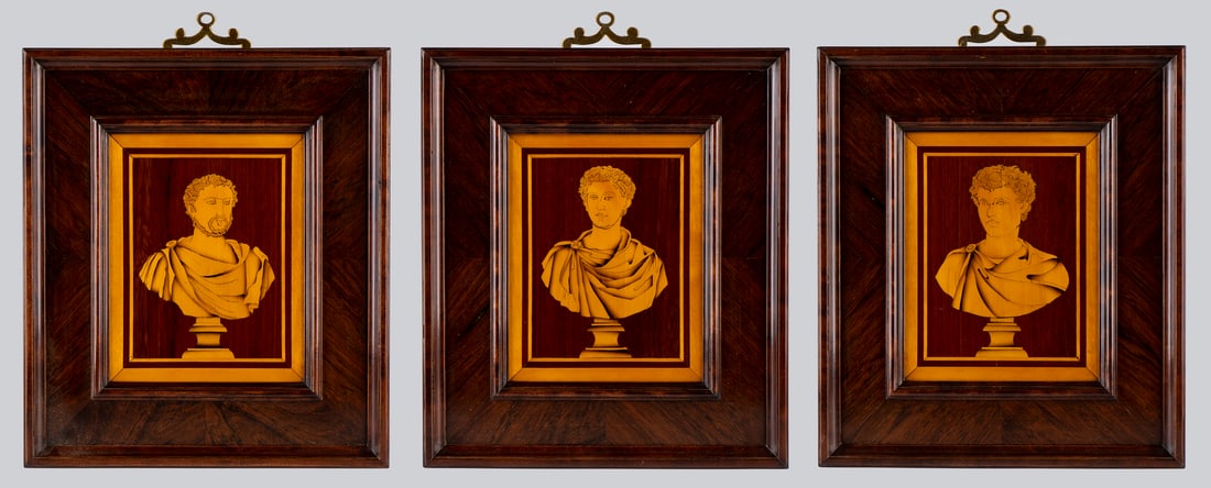 THREE PANELS IN FINE WOOD DEPICTING ROMAN EMPERORS.France, 19th century. (1 of 4)