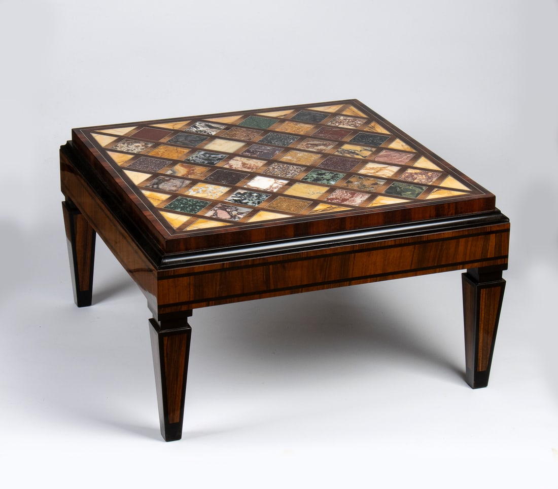 ELEGANT SMALL TABLE WITH SAMPLES OF ANCIENT COLORED MARBLES.Italy, 19th century. (1 of 2)