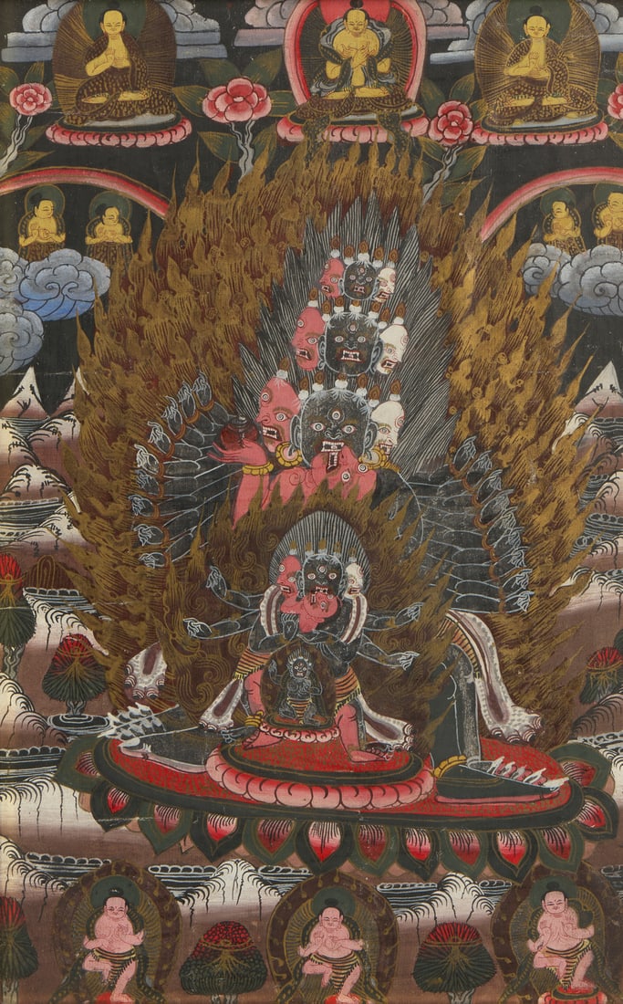 TIBETAN THANGKA WITH FRAME.Tibet, Early 20th century..: TIBETAN THANGKA WITH FRAME.Tibet, Early 20th century.. . Cm 24,00 x 37,00.