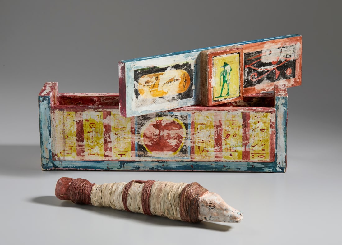 AMUSING REPRODUCTION OF A SMALL EGYPTIAN SARCOPHAGUS COMPLETE WITH ANIMAL MUMMY.France, Mid-20th (1 of 12)