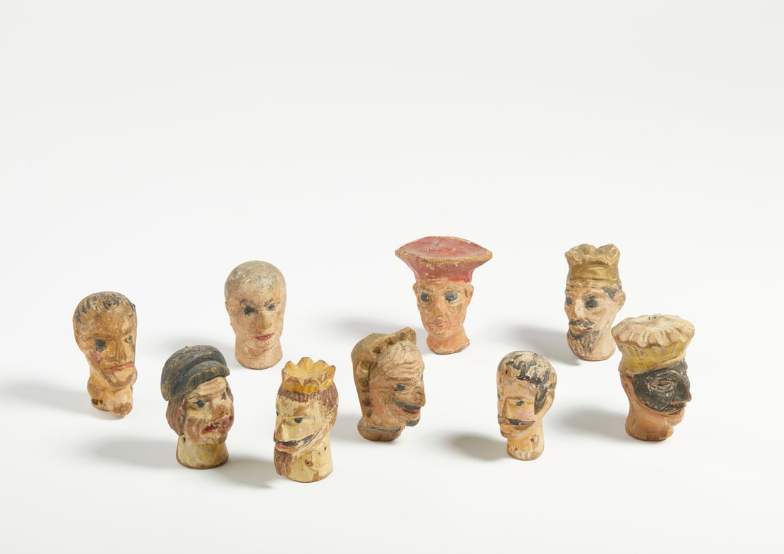 NINE HANDCRAFTED POLYCHROME WOODEN HEADS ORIGINALLY MADE FOR THEATER PUPPETS.Italy, 19th century.: NINE HANDCRAFTED POLYCHROME WOODEN HEADS ORIGINALLY MADE FOR THEATER PUPPETS.Italy, 19th century. . Cm 6,00 x 10,00.