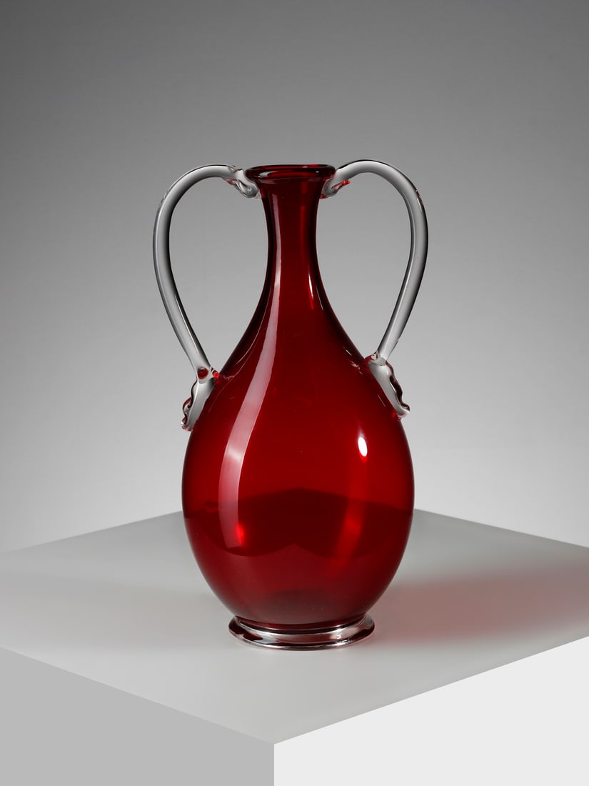 VITTORIO ZECCHIN 1695c vase with large handles decorated with morise and applied foot, execution by (1 of 3)