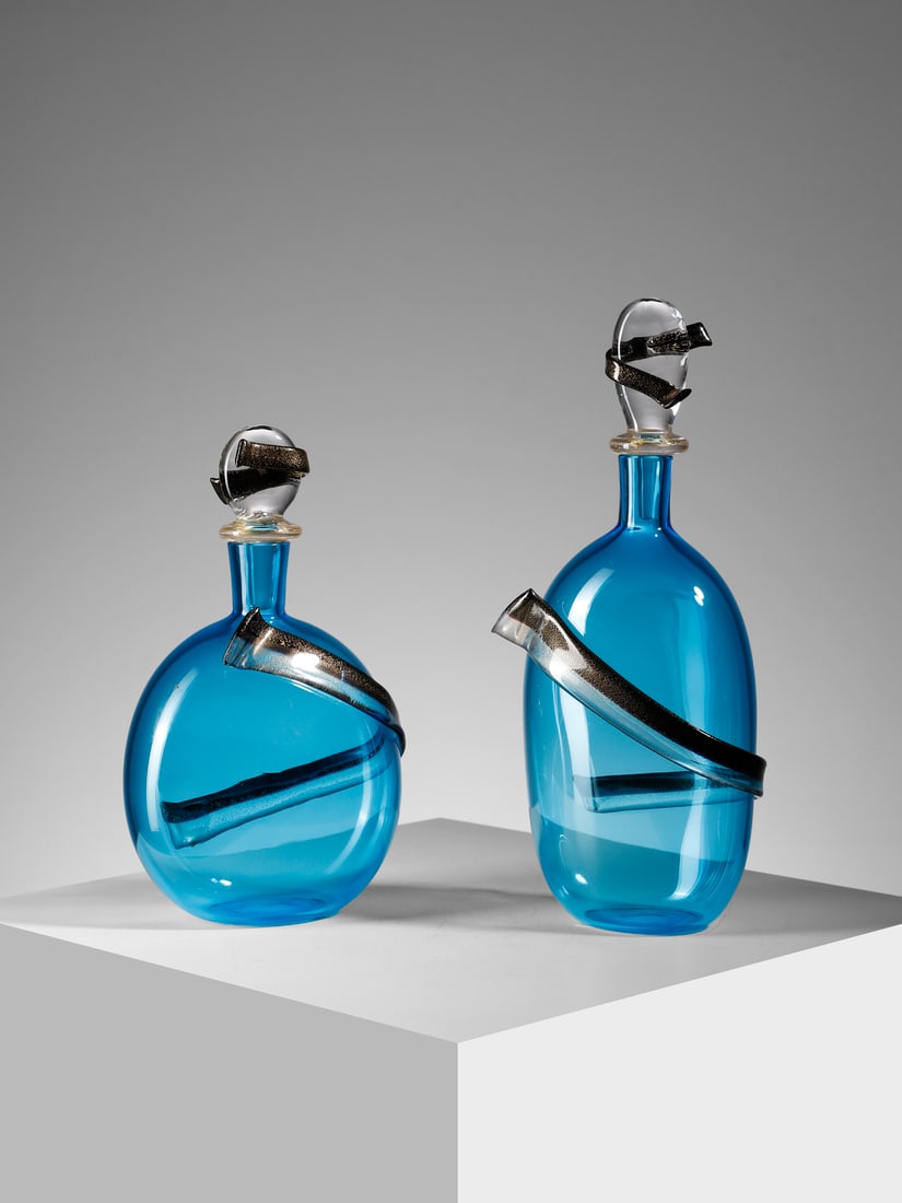 CENEDESE & ALBARELLI Two bottles with caps with flatten bodies decorated with applied ribbon, (1 of 3)